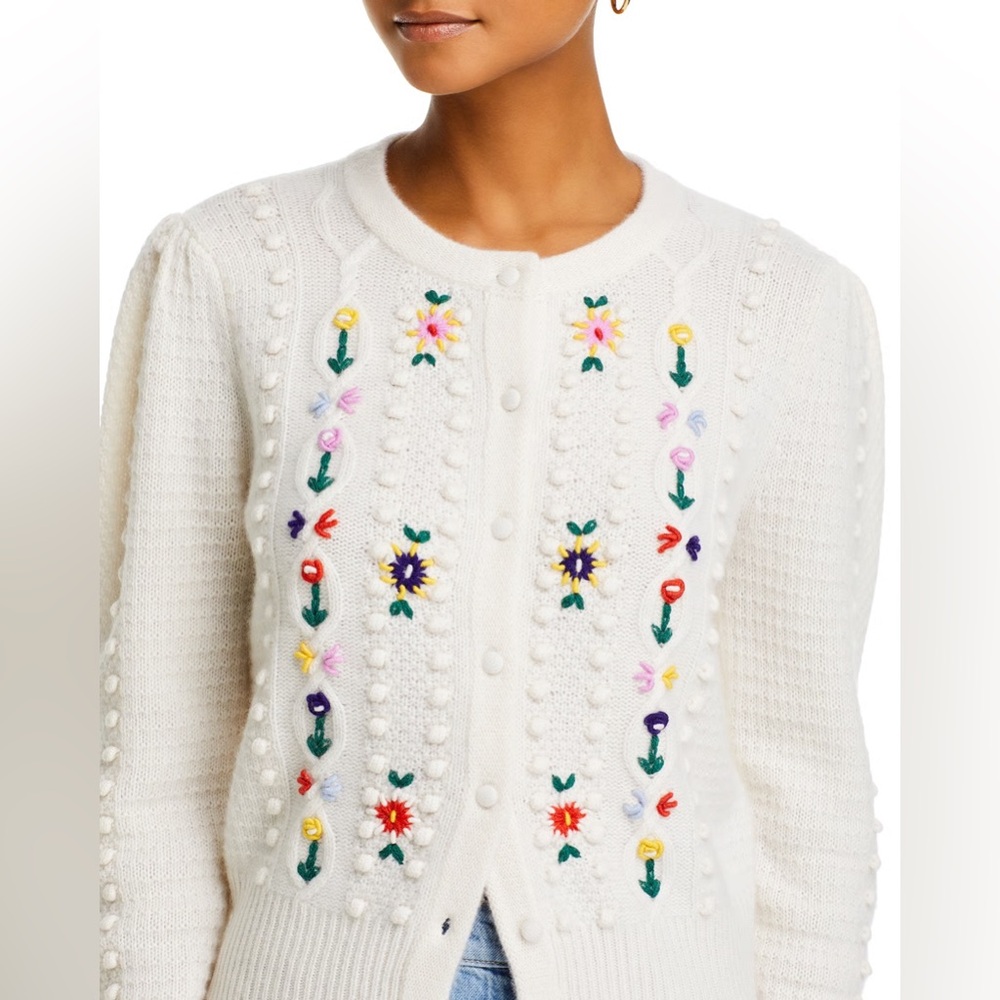 AQUA Cashmere 100% Cashmere Popcorn Embriodered Knit Cardigan L